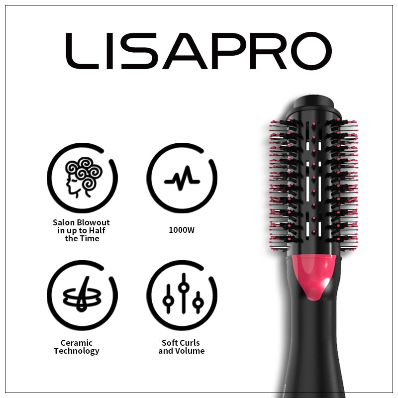 LISAPRO Hot Air Brush; One-Step Hair Dryer  & Volumizer 1000W Blow Dryer Soft Touch Pink Straightener