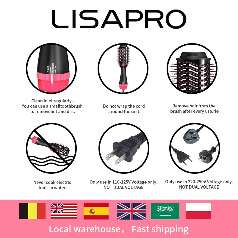 LISAPRO Hot Air Brush; One-Step Hair Dryer  & Volumizer 1000W Blow Dryer Soft Touch Pink Straightener
